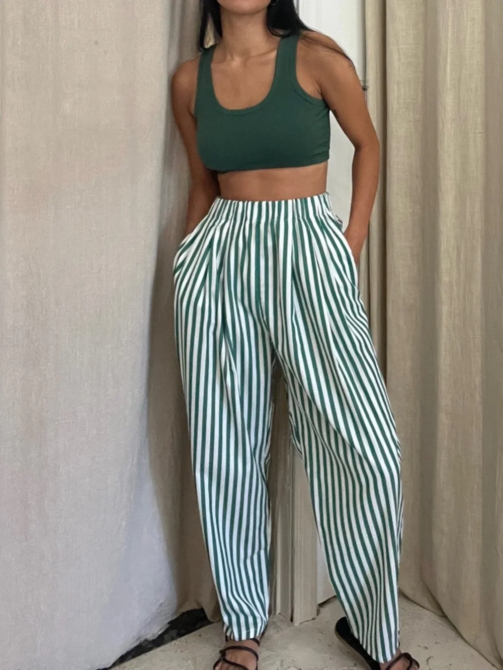 Women’s Green & White Vertical-Stripe Wide-Leg Pants - Picture 2 of 12
